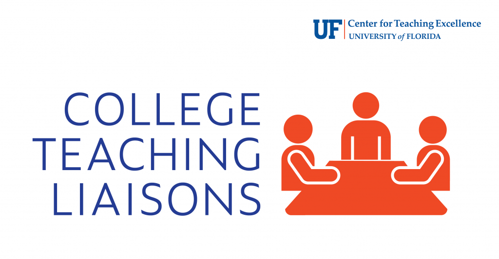 College Teaching Liaisons logo with blue text, and orange infographic of people sitting around a table. 