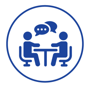 blue icon of two people talking at a table.