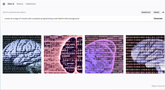 Images of brains and code layered on each other in various colors and angles. 