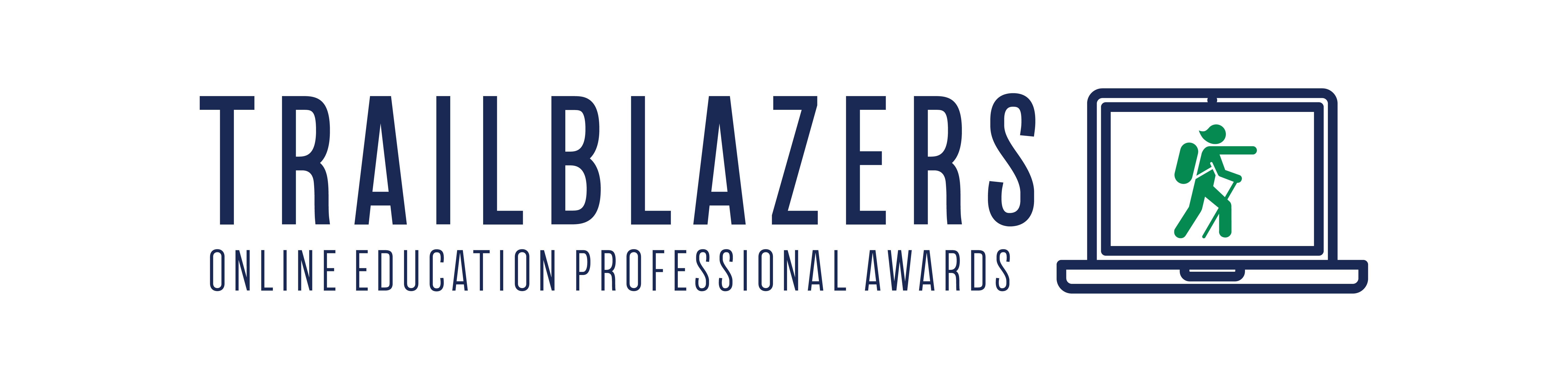 Logo for the Trailblazers award with a computer and person leading a hike.