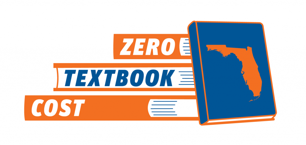 UF Zero Cost Textbook logo with a stack of books with text in the middle of the outer spines that says Zero Cost Textbook. Logo designed by Paul Shortt