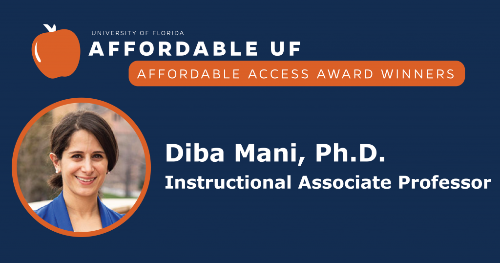 A graphic with awards info and a photo of Diba Mani.