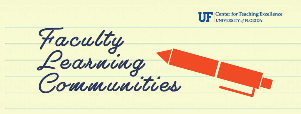 A logo graphic with handwritten text on yellow lined paper that says Faculty Learning Communities with an orange pen. 