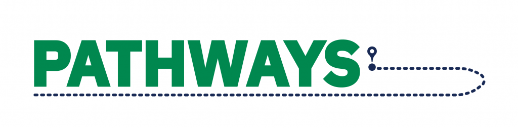 A logo that says Pathways, with a dotted trail that curves ending with a map location icon.