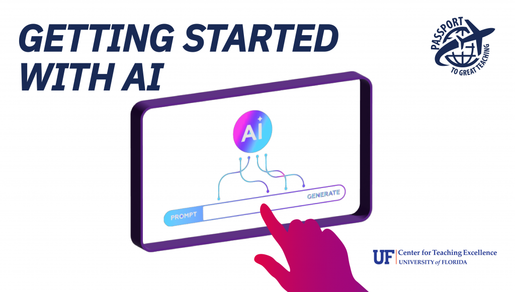 Logo for Getting Started with AI with text and a hand touching a computer screen. 