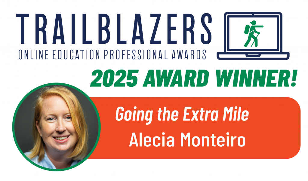 A graphic with the Trailblazers logo that says "Going the Extra mile, Alecia Monteiro"