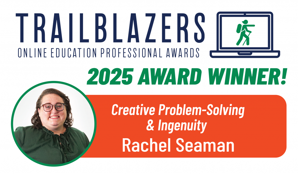 A graphic with the Trailblazers logo that says "Creative Problem-Solving & Ingenuity, Rachel Seaman"