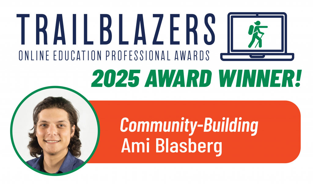 A graphic with the Trailblazers logo that says "Community-Building.Ami Blasberg"
