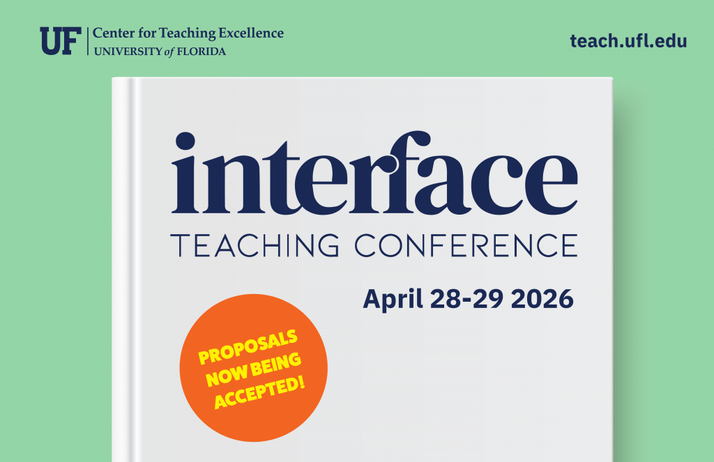 A graphic with a plain white book on a green background that says: Interface Teaching Conference, April 28-29, Proposals now being accepted.