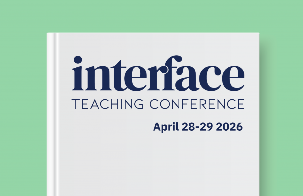 A graphic with a plain white book on a light green background that says: Interface Teaching Conference, April 28-29.